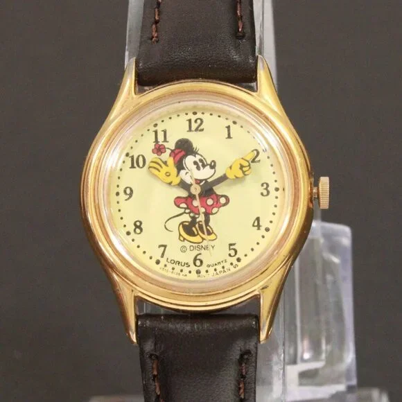 Lorus Ladies Mini Mouse Watch Gold Tone Case New Brown Leather Strap And Battery